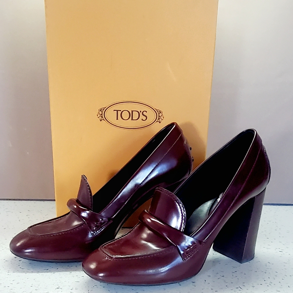 Tod's burgundy block heel loafers